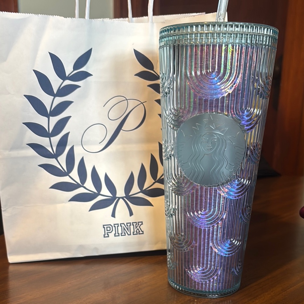 Starbucks Iridescent Tumbler with Silver and Blue Highlights
